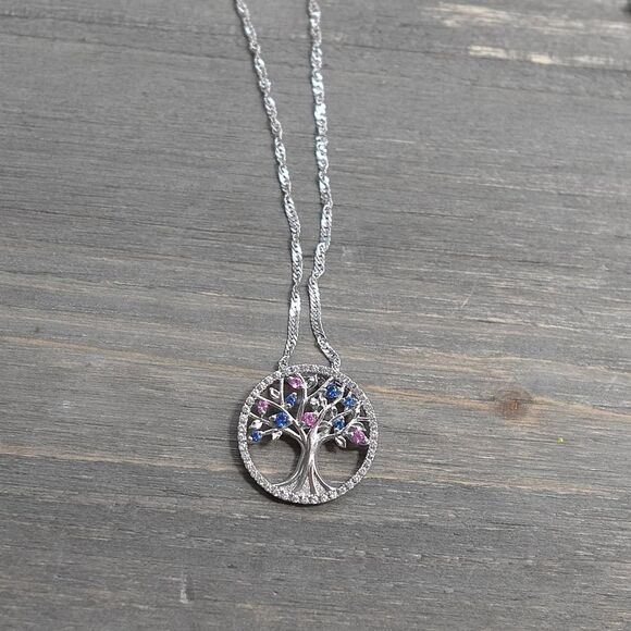 Sterling Silver Life Tree Birthstone Necklace Pink Blue CZ September October - Picture 7 of 8